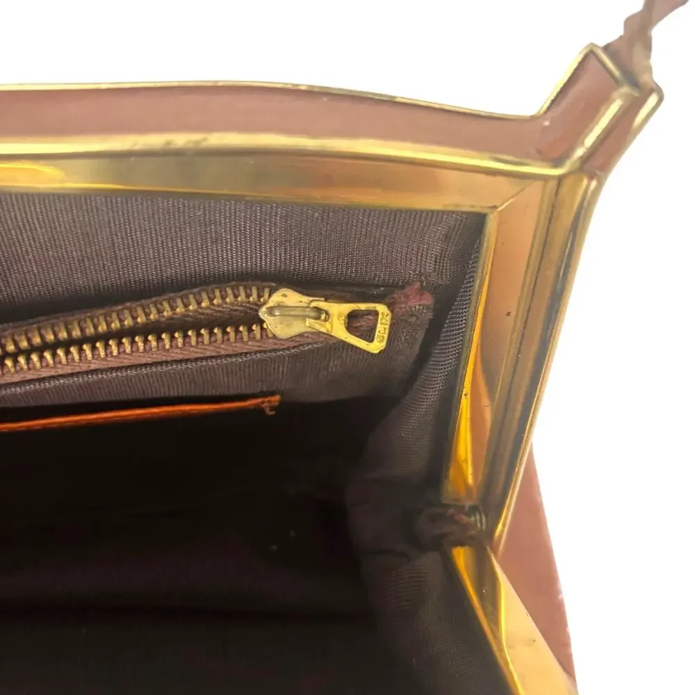 Vintage 1950s Brown Leather Frame Clutch Shoulder Bag Whipstitch